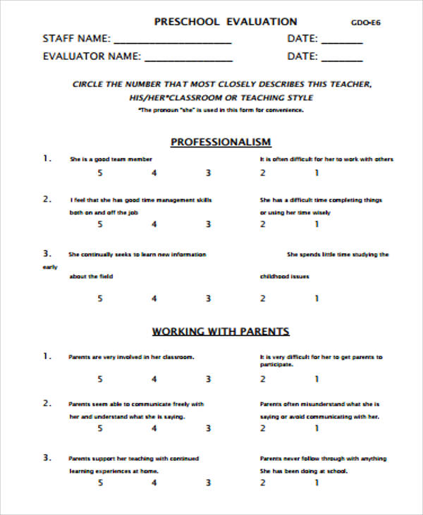 preschool staff evaluation form