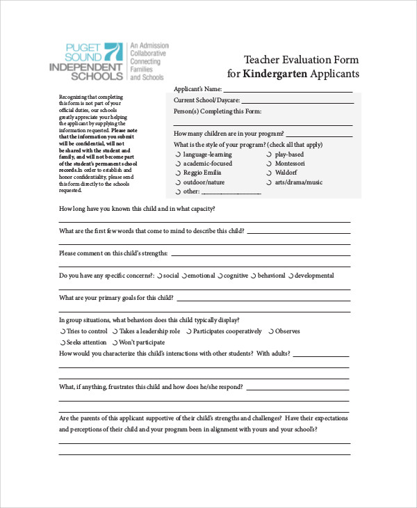 kindergarten teacher self evaluation form