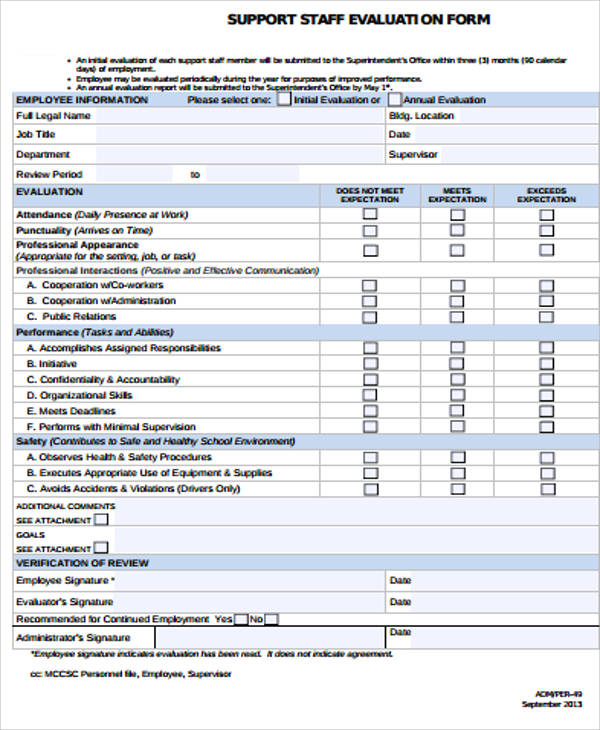 support staff evaluation form