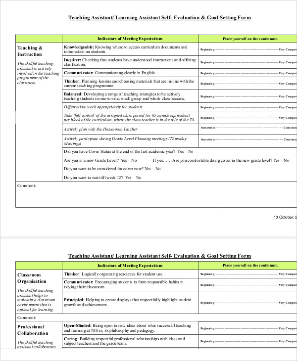 teacher assistant self evaluation form pdf