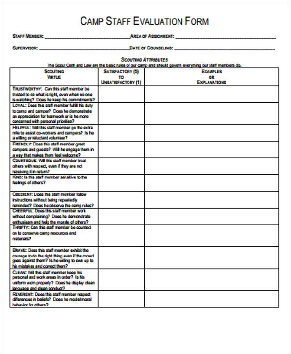 camp staff evaluation form pdf