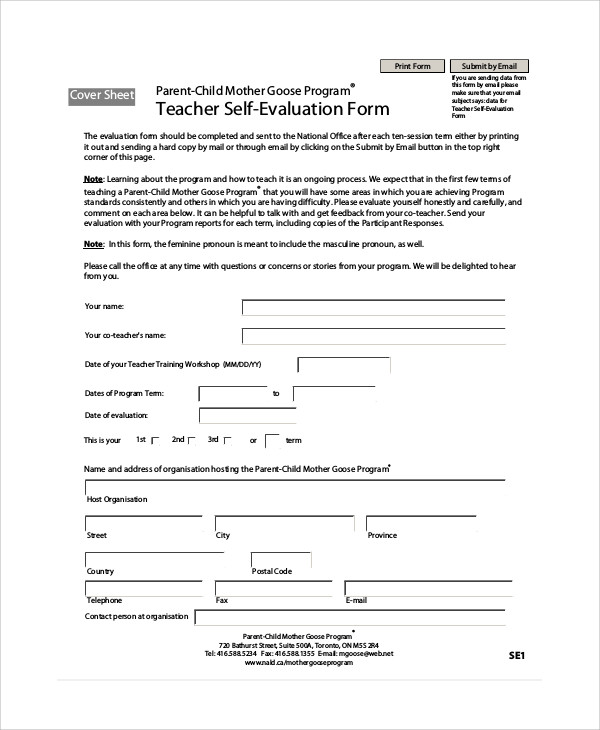 teacher self evaluation form example