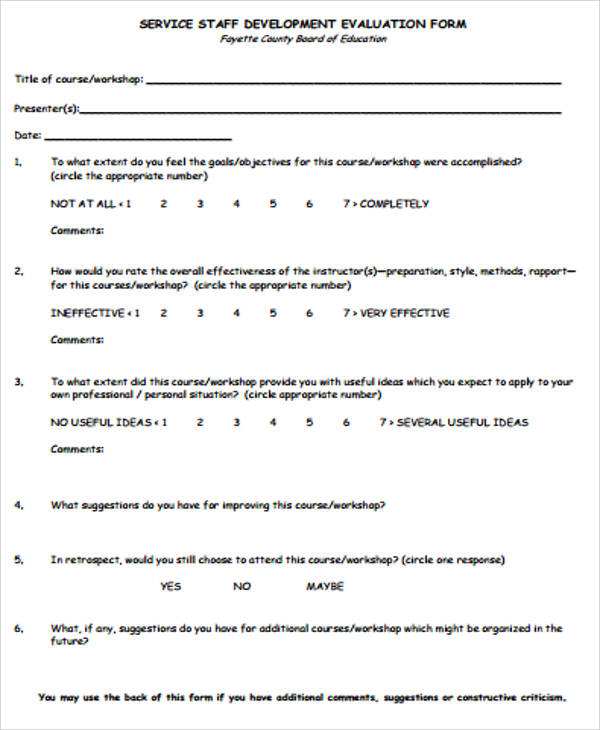 staff development evaluation form