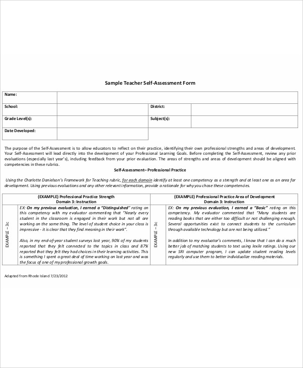 school teacher self evaluation form