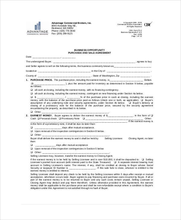 business purchase and sale agreement form