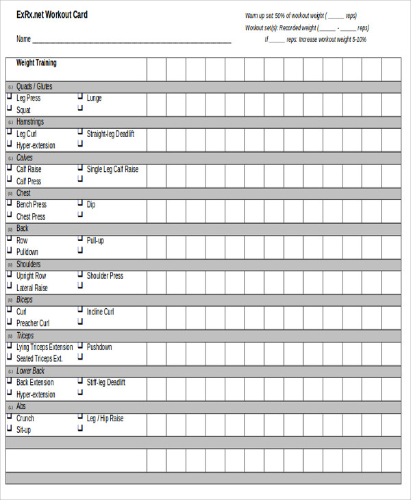 weight training workout sheet