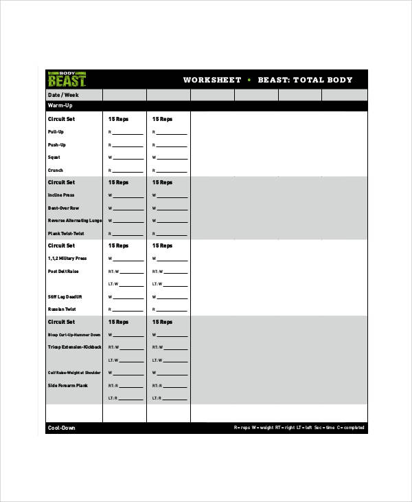 Printable Body Beast Workout Sheets