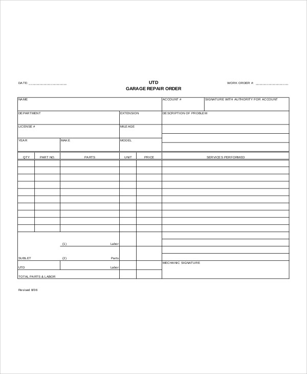 Free Printable Repair Order Template Printable Templates