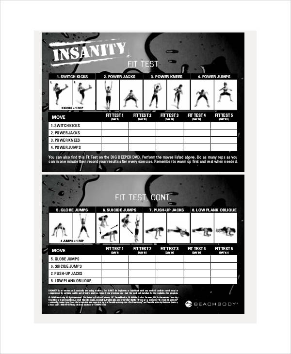 insanity fit test workout sheet