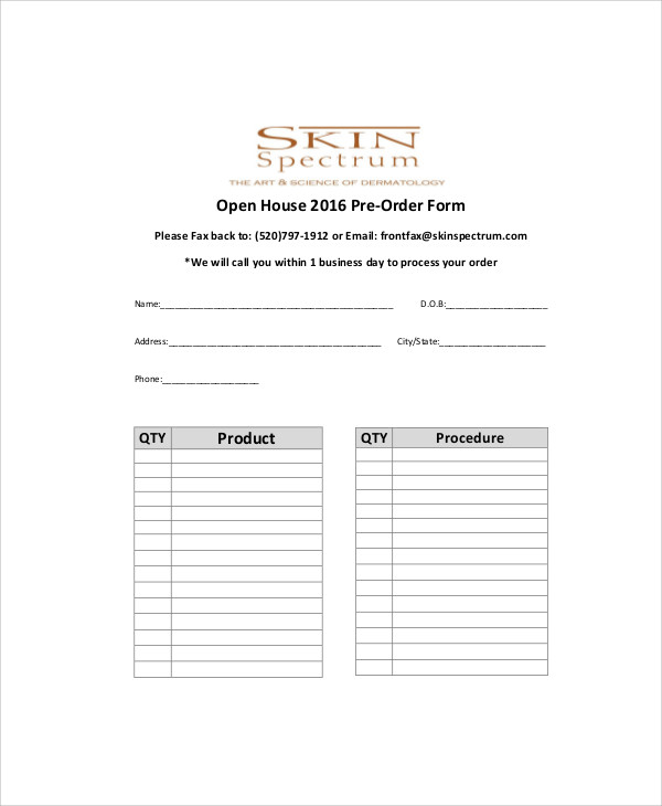 sample order form template