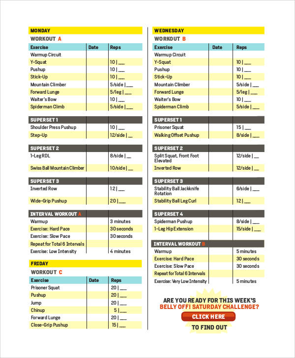 printable gym workout sheet