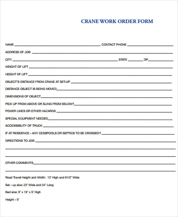 crane work order form free