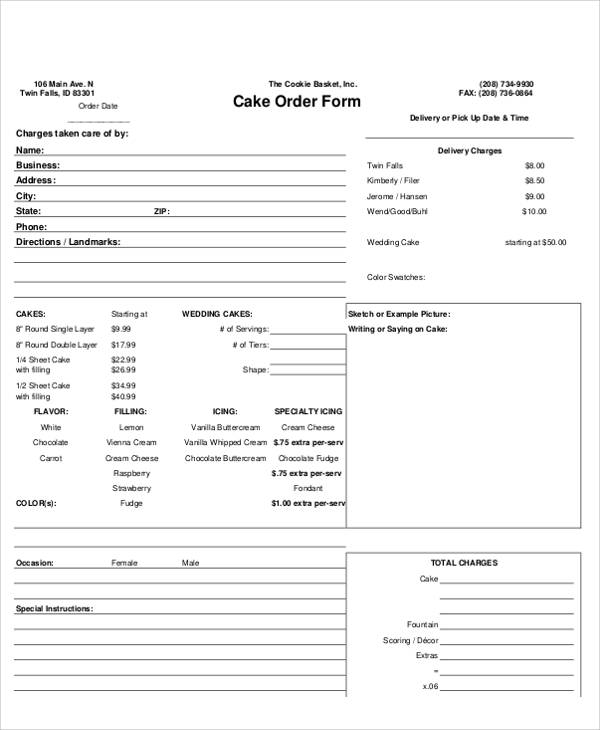 simple cake order form pdf