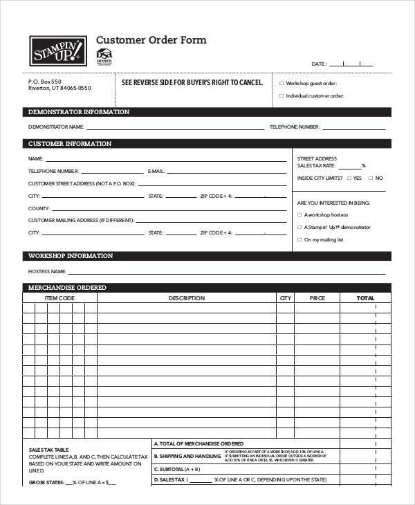 Customer Order Form Template Doctemplates