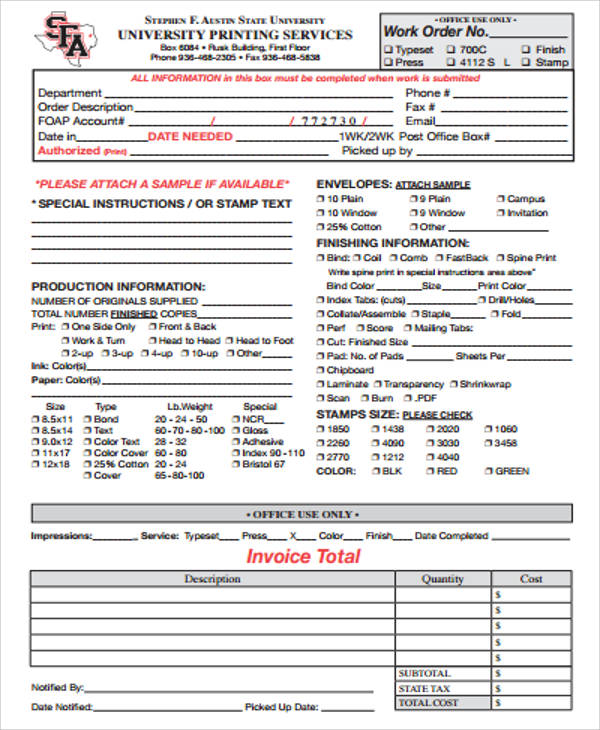 printing job order form
 Examples of Work Order Form - 5+ Samples in Word, PDF