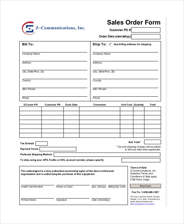 free printable sales order form