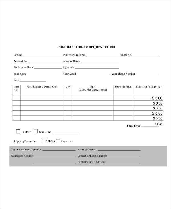 Sample Purchase Order Request Form 8 Examples In Word PDF