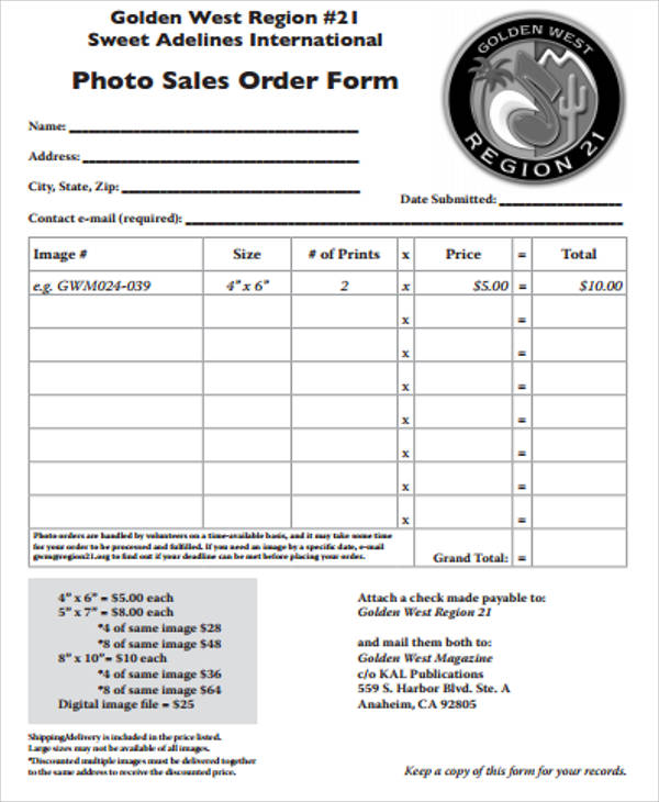 photo sales order form