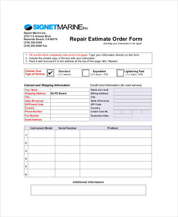 repair estimate order form