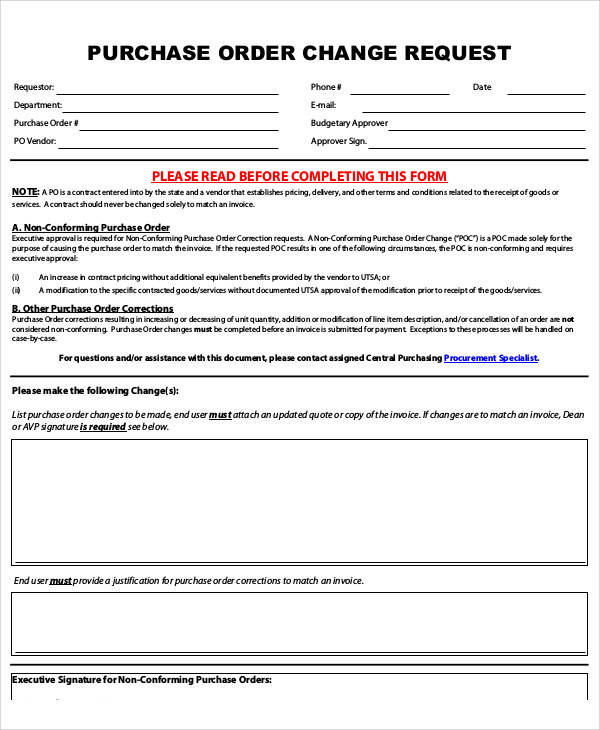 purchase order change request form pdf