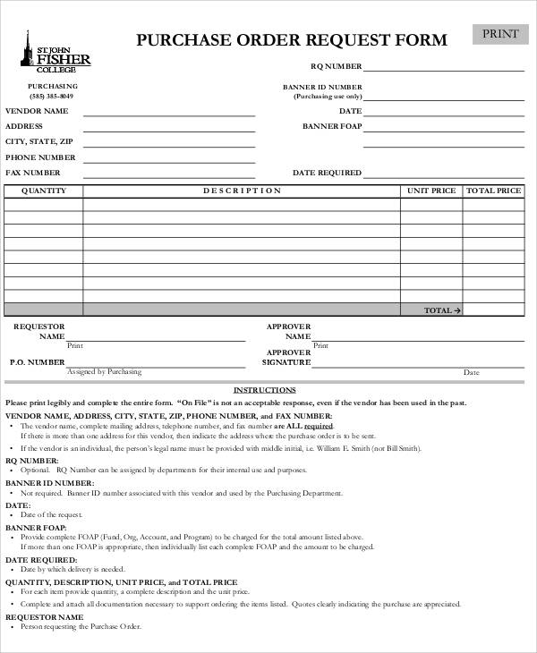 Sample Purchase Order Request Form 8 Examples In Word PDF