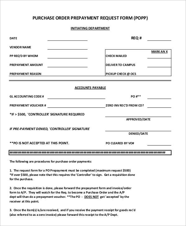 purchase order prepayment request form
