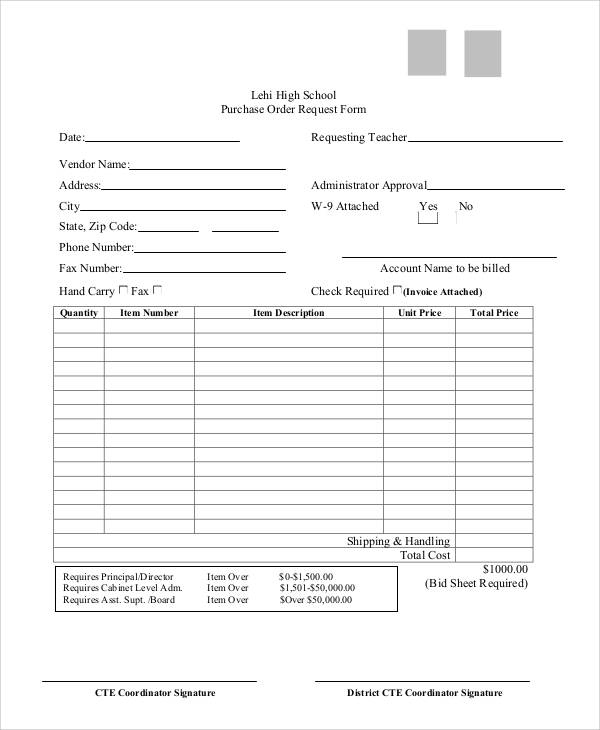 high school purchase order request form