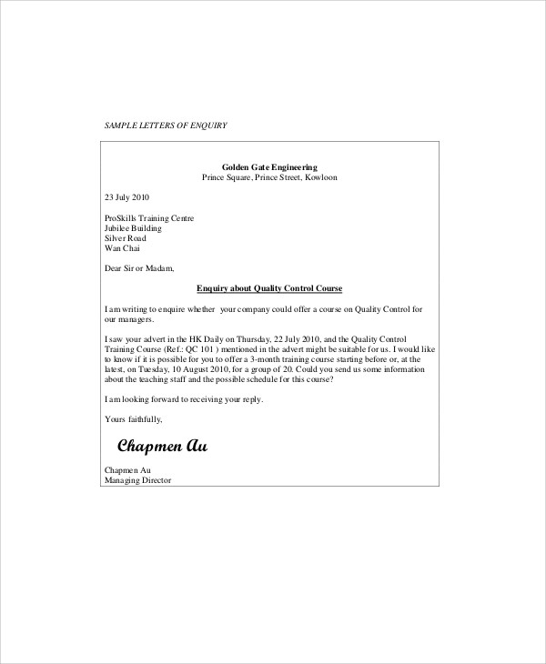 Inquiry Letter Sample Doc