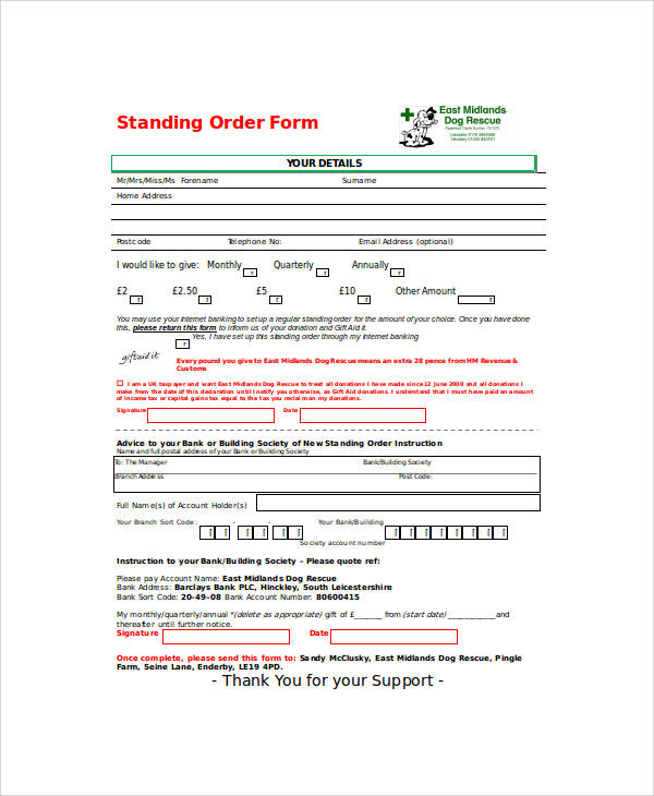 standing order form doc