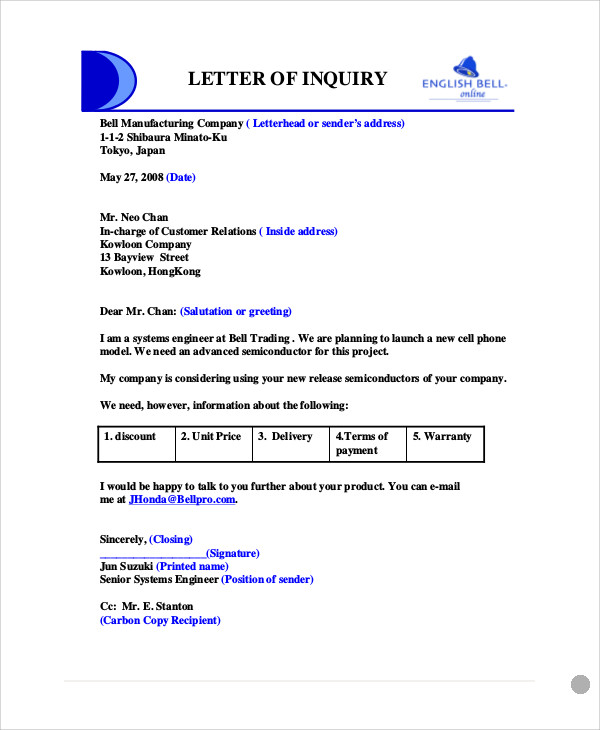 FREE 8+ Sample Business Enquiry Letter Templates in PDF ...