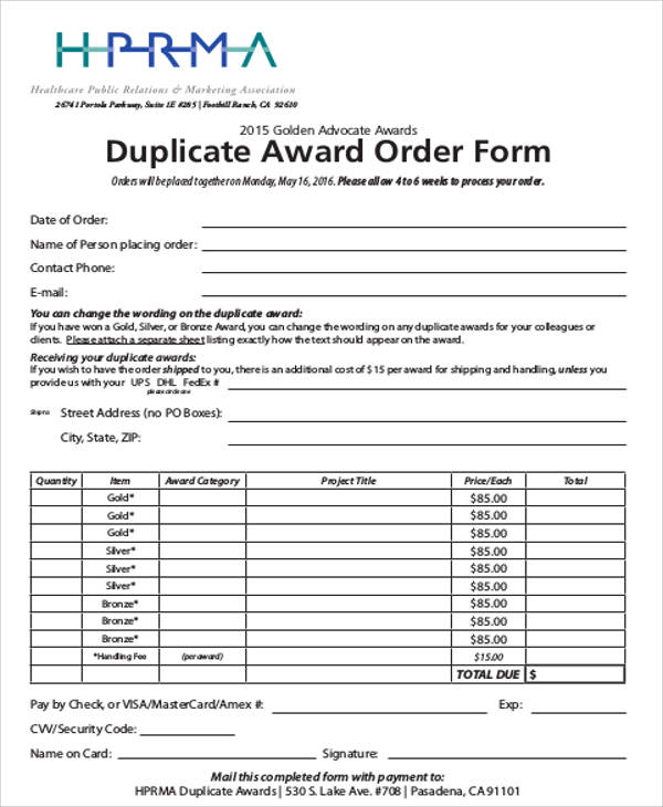 duplicate award order form sample