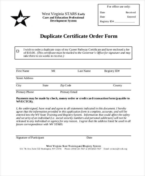 duplicate certificate order form