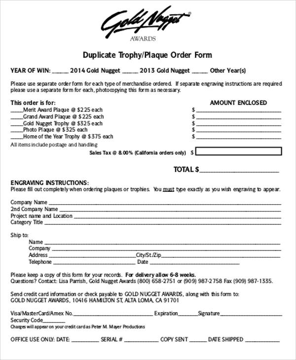 duplicate trophy order form