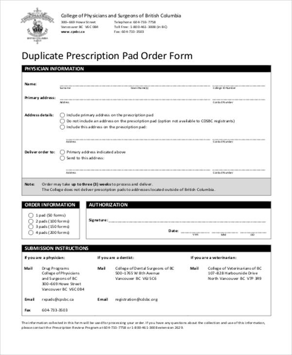 duplicate prescription pad order form