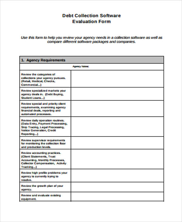 debt collection software evaluation form