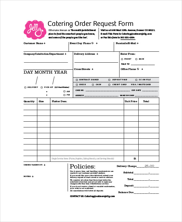 FREE 13  Sample Catering Order Forms in MS Word PDF