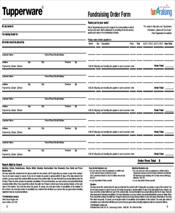 Sample Tupperware Order Form Template