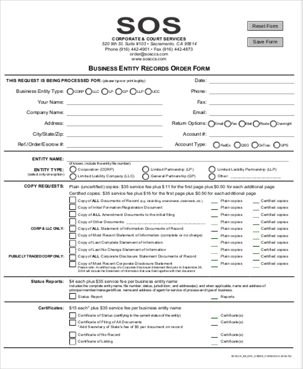 business entity order form pdf