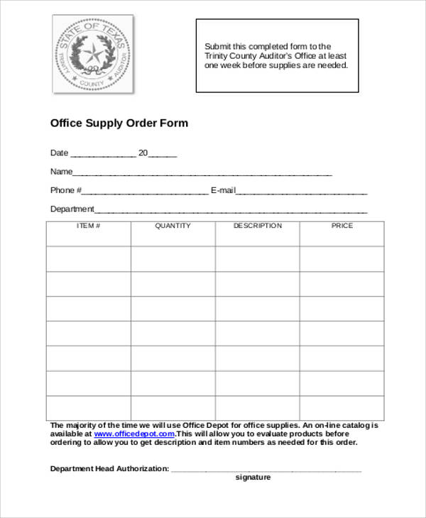 Printable Office Supply Order Form Printable Forms Free Online