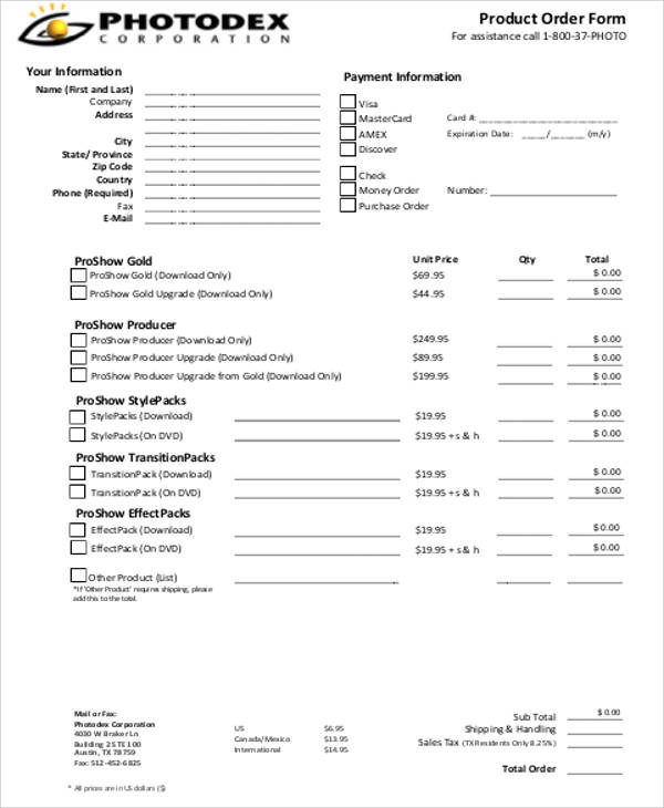 printable product order form