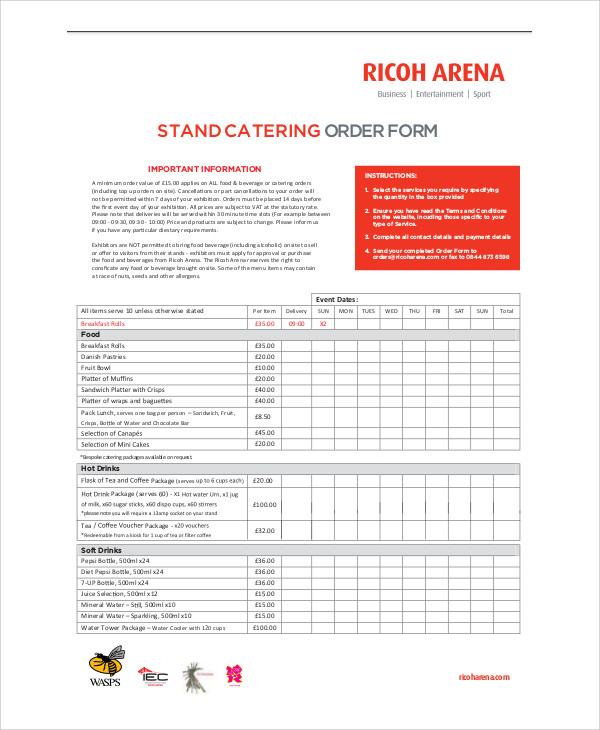 stand catering order form