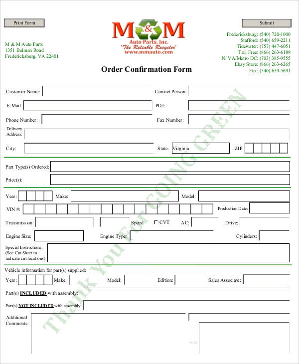 sample order confirmation form