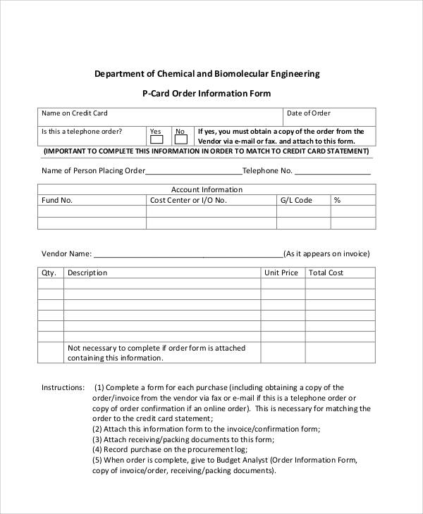 procurement card order confirmation form