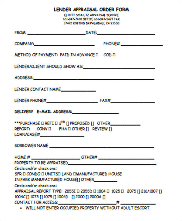 lender appraisal order form pdf