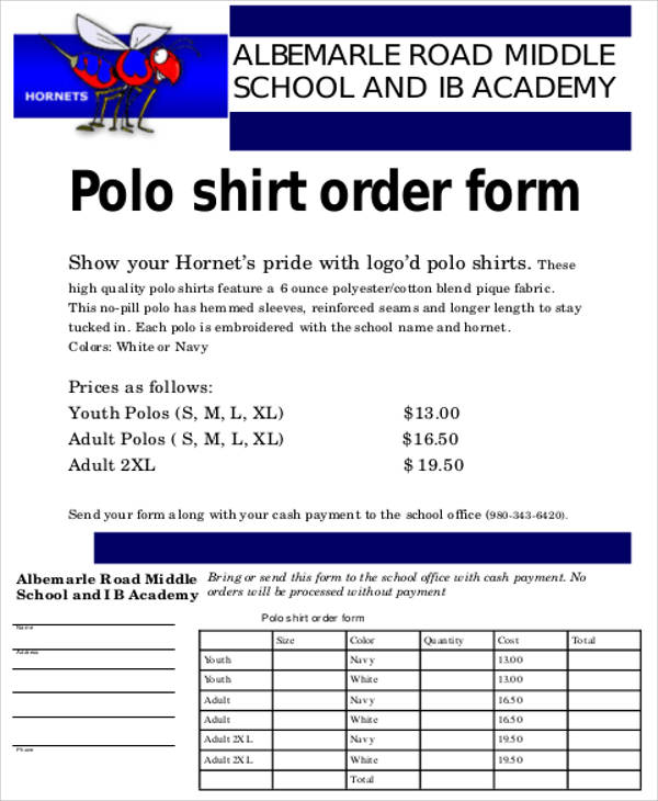 polo shirt order form example