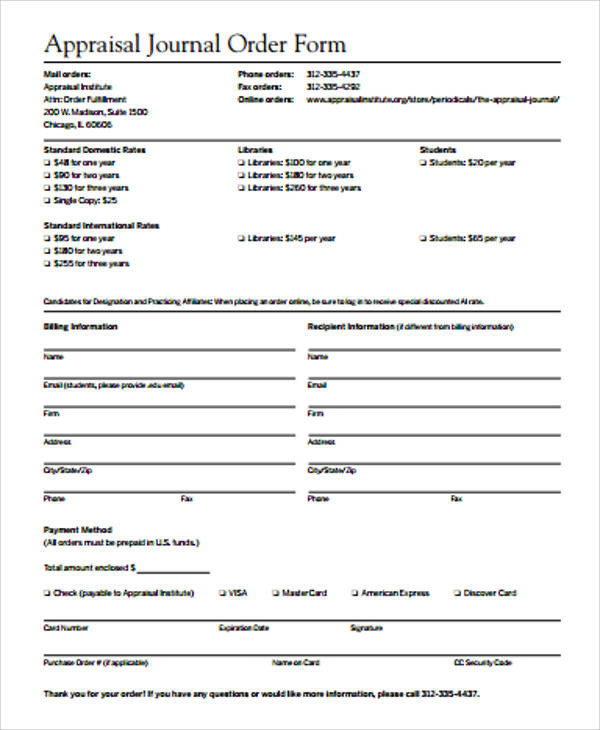 appraisal journal order form