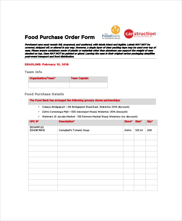 food purchase order form