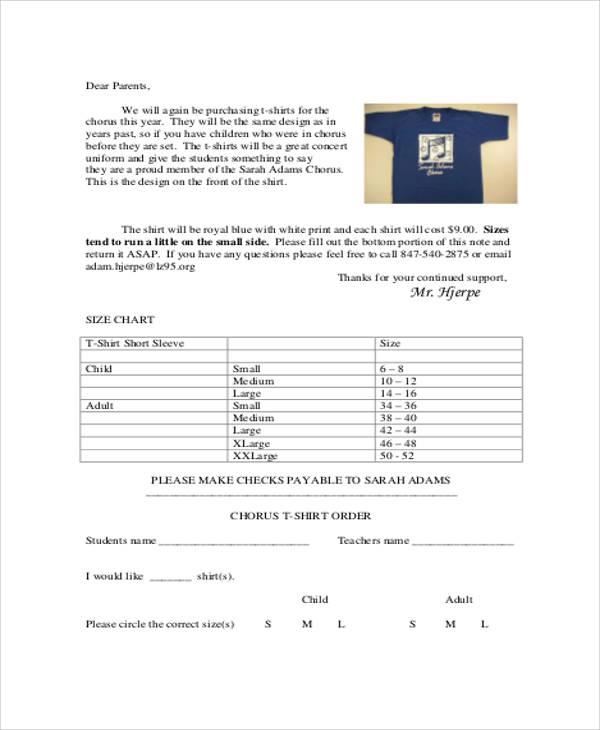chorus shirt order form