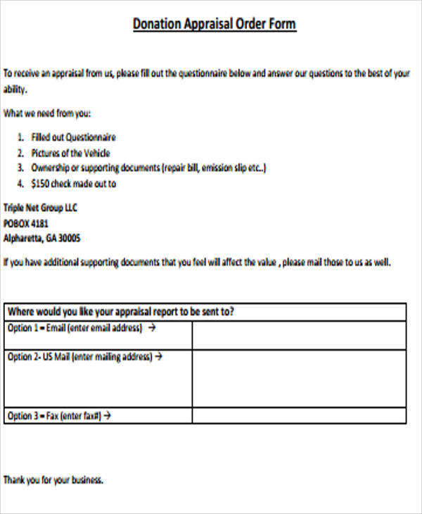 donation appraisal order form