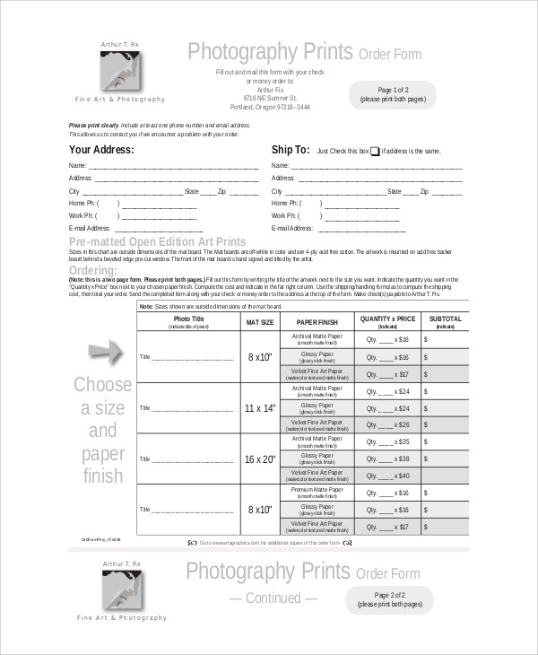 photography print order form